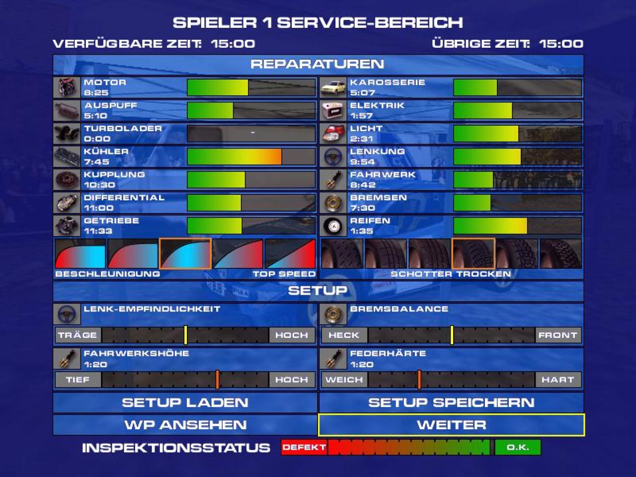 [26/11/2001] SERVICEWÜSTE Schäden zu vermeiden, ist unmöglich. Nach einigen Etappen stehen 15 Minuten in dieser "Service-Station" zur Verfügung.